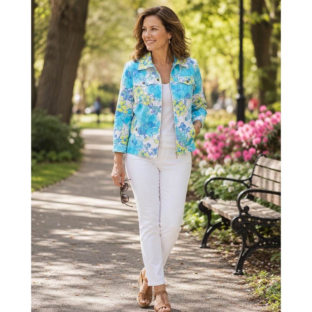 Drapers & Damons Floral Jacket Womens XL Blue Green Cotton Zip Lightweight 0403